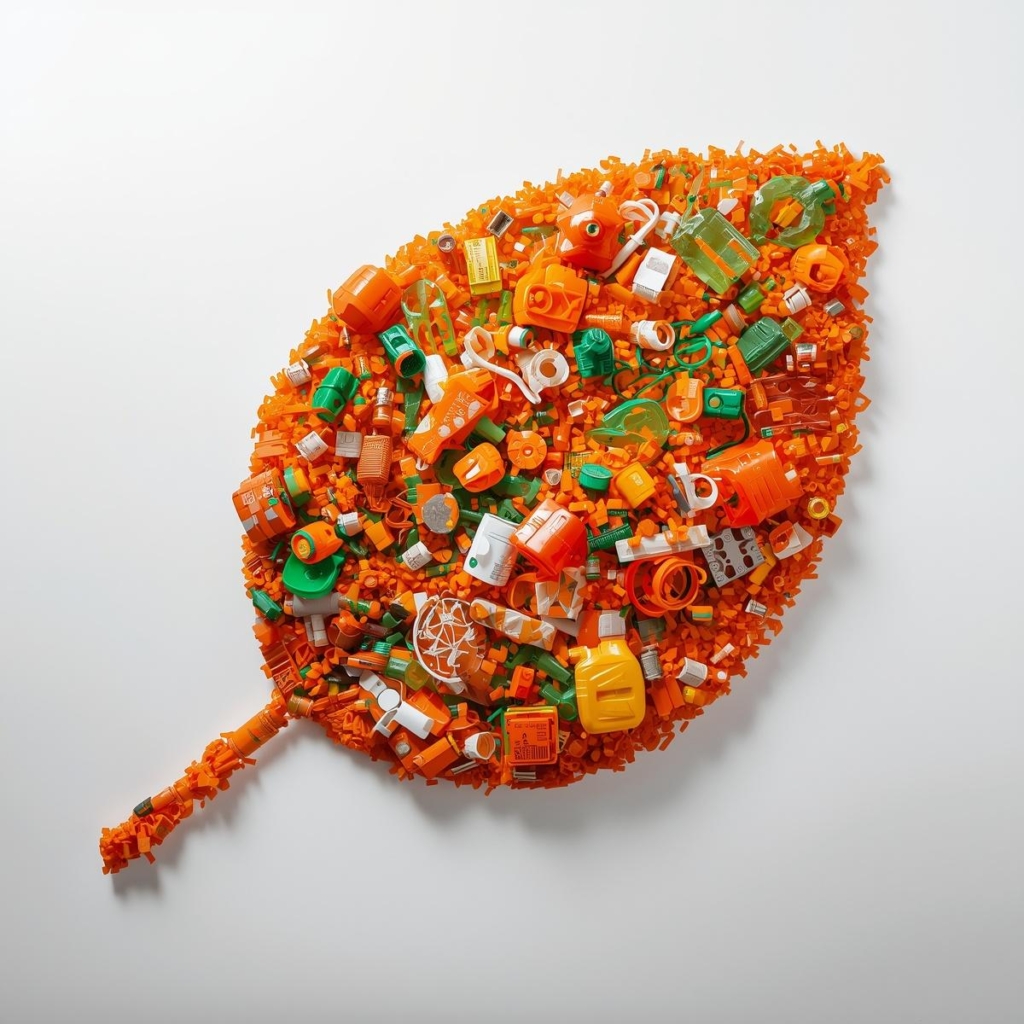 Foglia che rappresenta scarti plastici e granuli di Plastica Seconda Vita